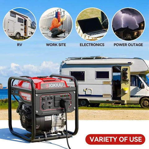 Beefy 4000W Portable Inverter Generator for camping RV tailgating shown near RV with variety of uses displayed.