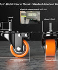 Close-up view of Rock Solid 2 Inch Caster Wheels With Quarter Inch Threaded Stem, showing measurements and dual ball bearing feature.
