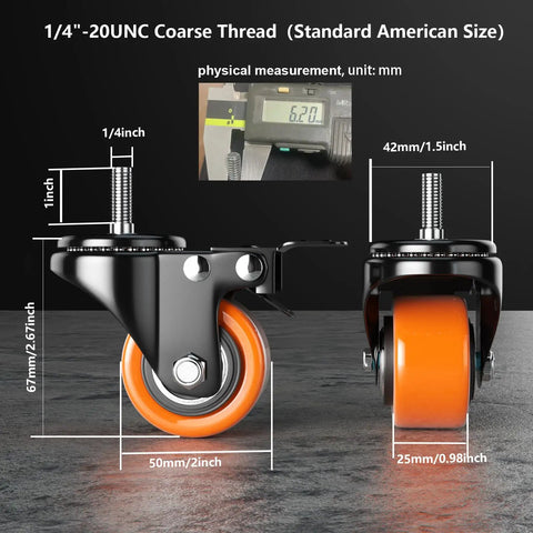 Close-up view of Rock Solid 2 Inch Caster Wheels With Quarter Inch Threaded Stem, showing measurements and dual ball bearing feature.