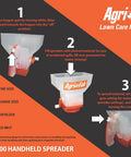 Instructional diagram of Handheld Seed Spreader with One Gallon Capacity and easy one-turn operation for year-round use.