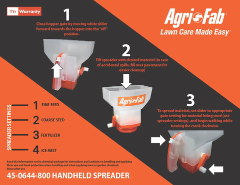 Instructional diagram of Handheld Seed Spreader with One Gallon Capacity and easy one-turn operation for year-round use.