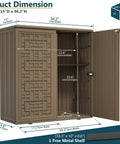 Weatherproof Indoor Outdoor Storage Cabinet With Doors And Shelf Easy Setup 34 By 16 By 36 Inches HDPE Plastic Storage Cabinet For Patio Balcony Tools Multi Purpose Organizer Brown with open doors showing shelf.