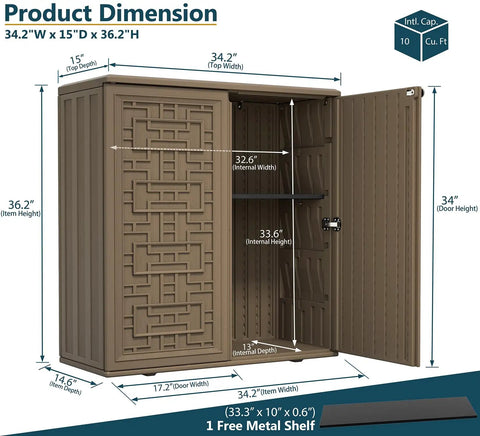 Weatherproof Indoor Outdoor Storage Cabinet With Doors And Shelf Easy Setup 34 By 16 By 36 Inches HDPE Plastic Storage Cabinet For Patio Balcony Tools Multi Purpose Organizer Brown with open doors showing shelf.