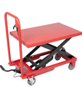 Heavy Duty 500 Lb Hydraulic Manual Scissor Lift Table Cart With Wheel Lock And Foot Pedal, adjustable red steel frame with caster wheels