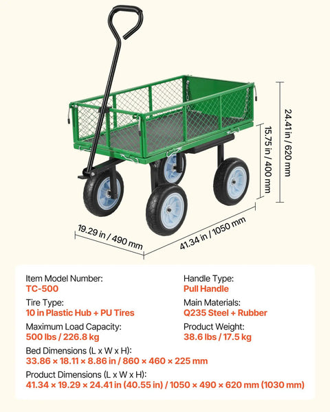 Beast Mode 500 Lbs Garden Cart With Seat, 2-In-1 Wagon And Stool, green cart with 10-inch flat free wheels and adjustable handle