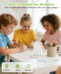 Slick Portable Bluetooth Label Maker With Included Tape, Compact Mini Label Printer for kids creating labels at a school table.
