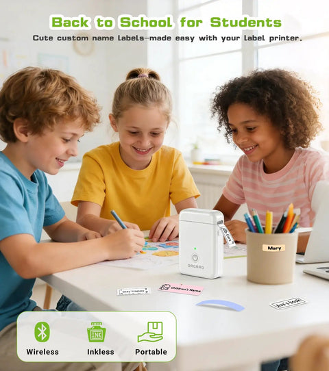 Slick Portable Bluetooth Label Maker With Included Tape, Compact Mini Label Printer for kids creating labels at a school table.
