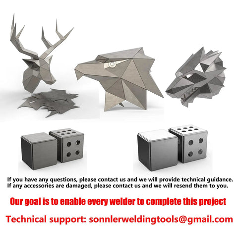 Mild Steel Welding Practice Kit With 15 Piece Metal Plates And Coupons For TIG MIG Arc Gas Stick DIY Weld Training For All You Welding Junkies At Home And Pros Looking To Level Up featuring origami-style metal animal heads and dice.