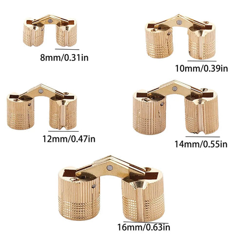 Two Pack Brass Cylindrical Concealed Cabinet Hinges For Easy Install Quiet Smooth Operation 180 Degree Adjustable Ideal For Cabinets Closets Cupboards And Furniture Hardware shown in multiple sizes with measurements