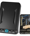 Fast Access Fingerprint Gun Safe For Pistols With Quick Open Automatic Door Biometric Lock Box For Home Car Travel Keypad And Spare Key Backup Silent Mode Rugged Steel Pistol Vault For Safe Storage, showing open view with pistols inside.
