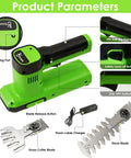 12V Cordless Hedge Trimmer And Grass Shear with battery and charger, showing parts like TPR handle and blade options