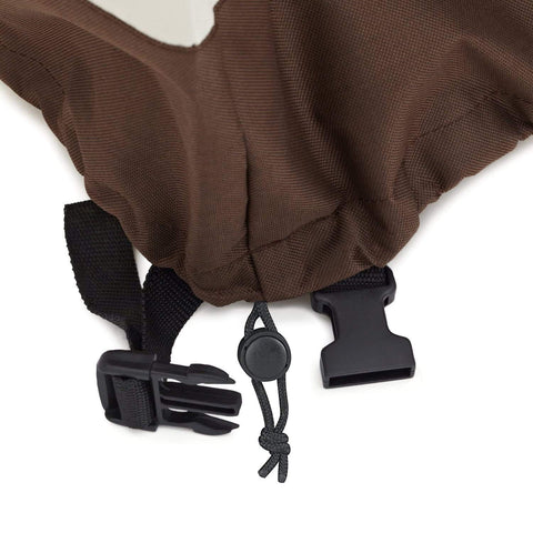 Close-up of secure straps and clips on Outdoor Patio Furniture Cover For Large Table And Chairs Waterproof UV Resistant Weatherproof Beige Tan.