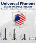 Road Ready 4 Piece American Flag Decorative License Plate Bolt Kit Featuring Theft Resistant Hex Nuts And Multi Size Screws For Cars Trucks Motorcycles Straight Up Secure Silver Alloys Set with 3 sizes of silver screws and hex nut.