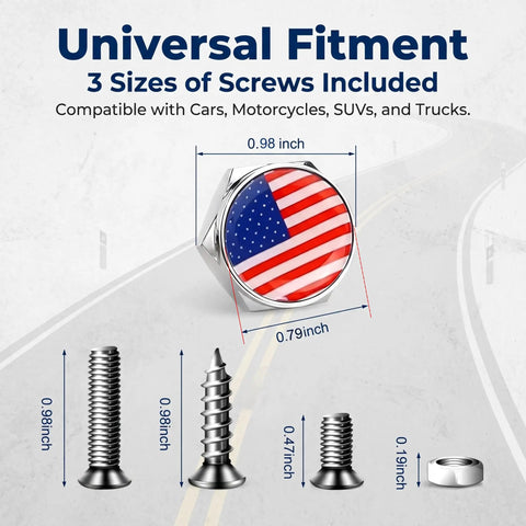 Road Ready 4 Piece American Flag Decorative License Plate Bolt Kit Featuring Theft Resistant Hex Nuts And Multi Size Screws For Cars Trucks Motorcycles Straight Up Secure Silver Alloys Set with 3 sizes of silver screws and hex nut.