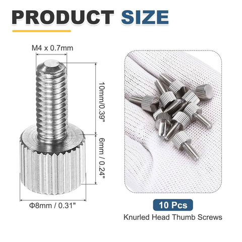 Beefy 10 Pcs M4 10mm Knurled Thumb Screws 304 Stainless Steel Flat Head Fully Threaded Thumbscrews Bolts Fasteners shown in packaging.