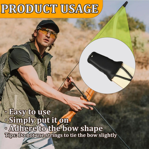 Archer using bow with 2 Pack Recurve Bow Tip Protectors For Recurve And Longbows, durable black silicone tip guard.