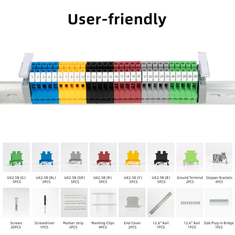All-In-One Terminal Blocks Kit for DIY and Pro-Grade Projects, 30-Piece 32A 690V Screw Terminal System With Accessories Displayed