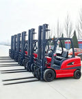 Heavy Duty Electric Stacker Forklift For Busy Warehouses Compact Pallet Lifter side view with multiple units lined up for loading.