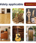 Various applications of wood filler including floors, stairs, mannequins, furniture, guitar, and doors with wood putty.