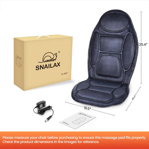 Go To Vibration Back Massager With Heat For Home Office shown with packaging, adapter, and manual on white background