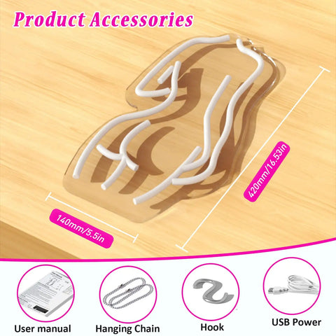 Pink Lady Back Neon Sign LED Wall Decor USB Powered For Bedroom Bar Living Room Party Vibe Brightness Adjustable Neon Light Art With Easy Mount And Night Glow Ambiance with accessories displayed on a wooden surface