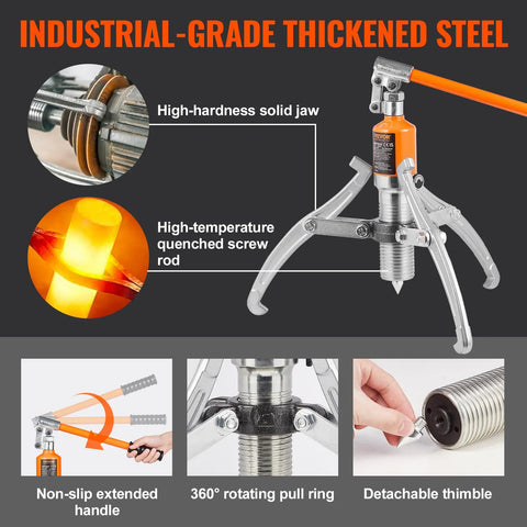 Front view of VEVOR hydraulic gear puller, 12-inch jaw, 15-ton capacity, orange handle with case