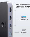 USB Three Point Zero Switch For Two PCs To Share Keyboard Mouse Printer Scanner And Other USB Devices With Four Ports And Included Cables And Controller For Easy Switching Between PCs with USB-A and USB-C ports