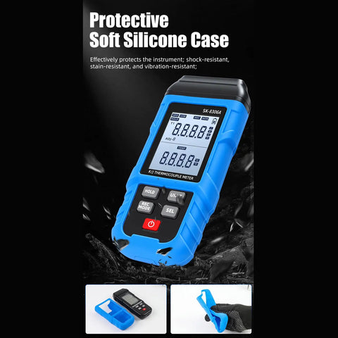 Top Shelf Digital Thermocouple Thermometer With K And J Type High Temperature Meter in blue silicone protective case.