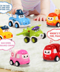 Safe Pull Back Cars Toy Set for Toddlers with colorful police, fire, ambulance cars and a plane on a white carpet