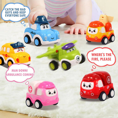 Safe Pull Back Cars Toy Set for Toddlers with colorful police, fire, ambulance cars and a plane on a white carpet