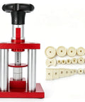 Pro Grade Screw Type Watch Press Tool With Gradual Pressure Control for crystal bezel replacement, red body, 20 interchangeable dies.