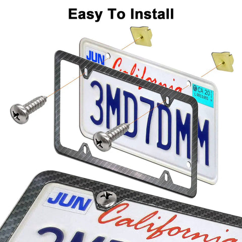 Dope Black Carbon Fiber License Plate Screw Caps And Fasteners Featuring Sturdy Heavy Duty Locking Bolts For Fresh Ride Upgrades and Super Cool Custom Auto Trims installation with screws and frame.