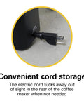 Close-up of convenient cord storage on One Cup Pod Coffee Maker For Home Or Office Black Single Serve Brewer Lightning Fast Under 3 Minutes Brew Automatic Shutoff Fits Standard 1 Cup Pods Brews An 8 Oz Cup In Under 3 Minutes With One Touch Activation