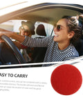 Woman driving a car with a view of a red fabric-covered rivet for 50 Pcs Headliner Repair Kit For Car Roof Liner Fixing Rivets And Interior Ceiling Cloth No Fuss DIY Quick And Easy At Home Repairs Durable Automotive Fasteners For Seamless Headliner Fix.