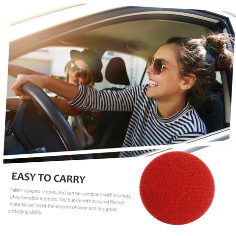 Woman driving a car with a view of a red fabric-covered rivet for 50 Pcs Headliner Repair Kit For Car Roof Liner Fixing Rivets And Interior Ceiling Cloth No Fuss DIY Quick And Easy At Home Repairs Durable Automotive Fasteners For Seamless Headliner Fix.