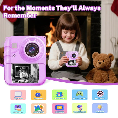 Kid Friendly Instant Print Camera With 1080P Video, Colorful Digital Photos And Black And White Ink Free Thermal Prints, Includes Three Print Rolls, Simple One Button Camera For Little Photographers, Portable Snap And Print Fun. Pink kid camera with printed photo display, 2.4-inch screen