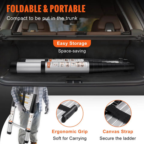 Telescoping Aluminum Ladder 10.5 Foot With One Button Retraction Collapsible Extension Ladder 375 Lb Capacity inside car trunk