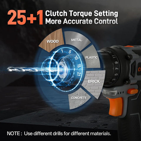25+1 position clutch illustration on 20V Cordless Drill Kit That Tackles Tough Jobs Like a Pro with materials for DIY projects