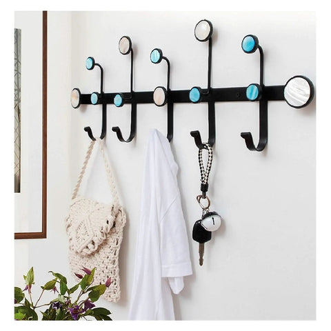 Heavy-Duty Wrought Iron Shell Wall Hooks, Double Robe And Coat Rack For Closets Bathrooms And Entryways, game-saving space organizer in use, holding bags and coat.