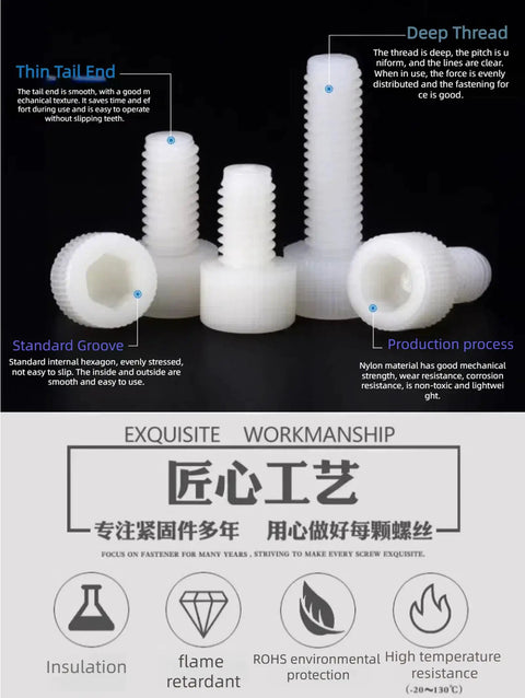 Top Shelf M3x8 Nylon PA66 Hex Socket Head Cap Screws Nuts And Washers Assortment Kit showing smooth nylon screws with deep threads.