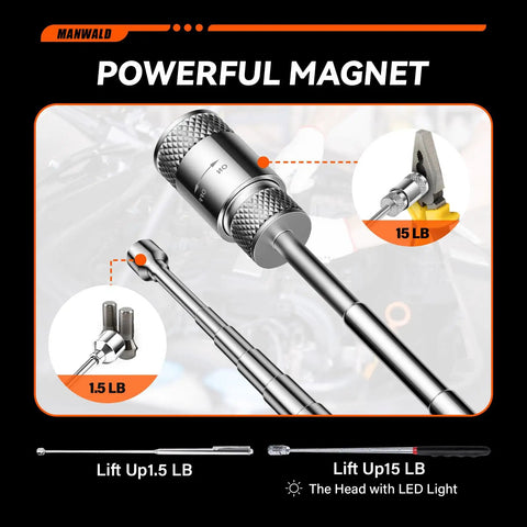 Telescoping Magnetic Pickup Tool Set With Portable Bag, Extendable Flashlight And 360 Degree Inspection Mirror For Auto Repair And DIY Projects, A Great Gift For Him, Mechanics, And Handymen, Blue, showing powerful magnet lifting capability