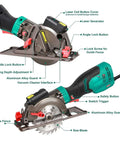 Detailed view of Ultra Compact Mini Circular Saw 750 Watt Laser Guided Power Tool highlighting components and features.
