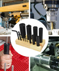 Eight Piece Expanding Arbors Set For Lathe Milling Mandrels High Accuracy Must Have One Quarter Inch To One And A Quarter Inch Ring Mandrels With Alloy Wrench And Wooden Stand For Easy Storage And Fast Setup shown in use with lathe and milling machine.