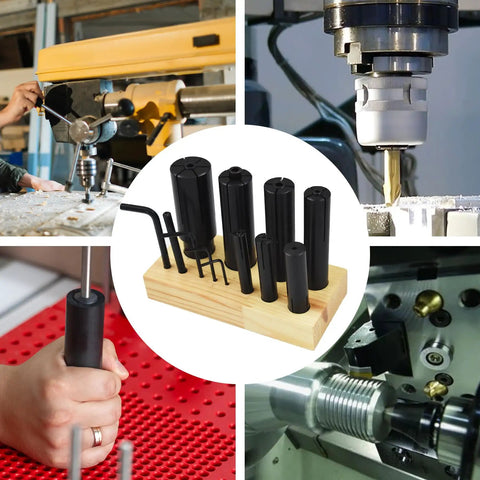 Eight Piece Expanding Arbors Set For Lathe Milling Mandrels High Accuracy Must Have One Quarter Inch To One And A Quarter Inch Ring Mandrels With Alloy Wrench And Wooden Stand For Easy Storage And Fast Setup shown in use with lathe and milling machine.