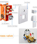 10 Inch All Metal Shower System With Tub Spout, Wall Mount, And Hand Shower parts including valve and diverter, shown in detail
