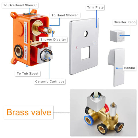 10 Inch All Metal Shower System With Tub Spout, Wall Mount, And Hand Shower parts including valve and diverter, shown in detail