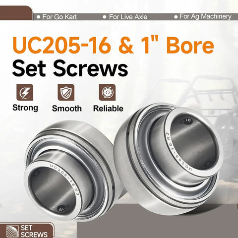 UC205-16 1 inch bore set screws for go kart live axle, part of Go Kart 1 Inch Axle Live Bearing Set, close-up view.