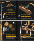Top Shelf Antique Brass Shower System With Swivel Tub Spout And Adjustable Handheld Sprayer Featuring 8 Inch Rain Shower Head For Bathrooms With Rock Solid High Pressure Output showing 360° rotation features.