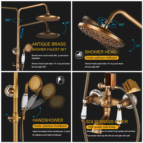 Top Shelf Antique Brass Shower System With Swivel Tub Spout And Adjustable Handheld Sprayer Featuring 8 Inch Rain Shower Head For Bathrooms With Rock Solid High Pressure Output showing 360° rotation features.