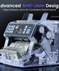 No Sweat Top Loading Digital Money Counter With Advanced Ultraviolet Infrared Anti Counterfeit Tech, showing bill counting mechanism and controls.